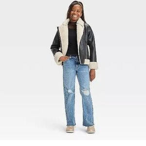 Girls' Solid Shearling Faux Leather Moto Jacket - art class Black XS